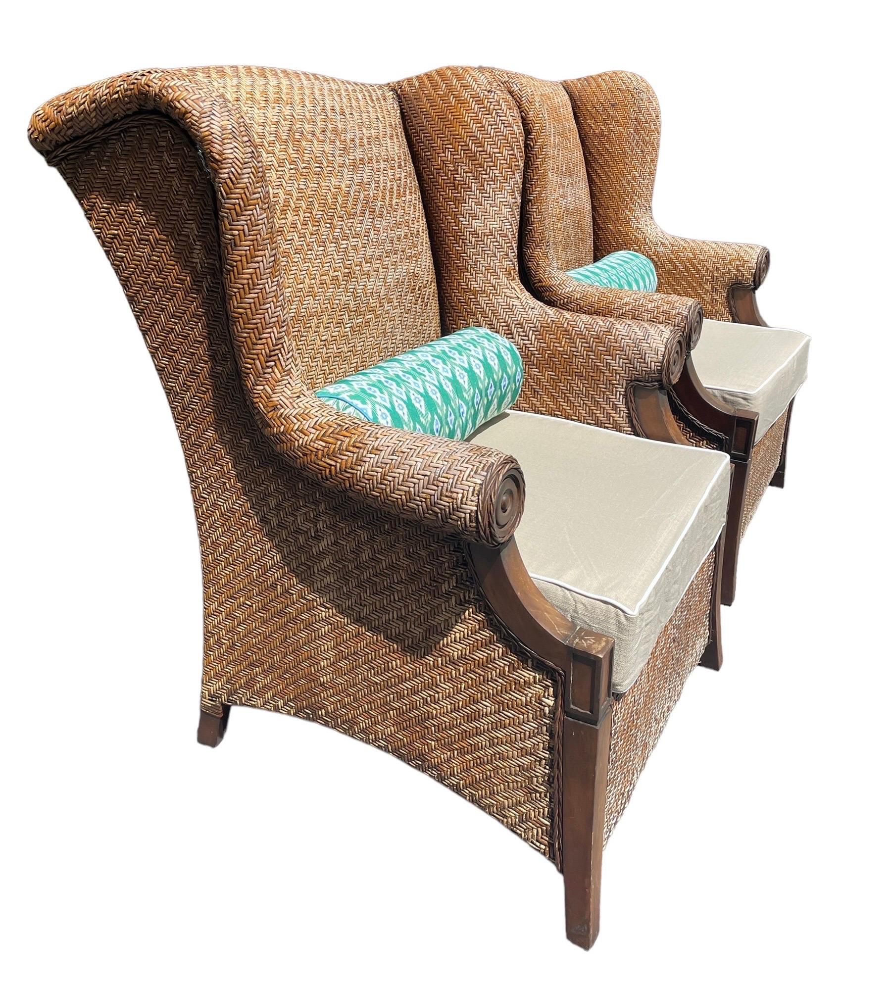 Pair of Vintage Wicker Wingback Armchairs Rattan Armchairs Palm Beach Style Pair 2