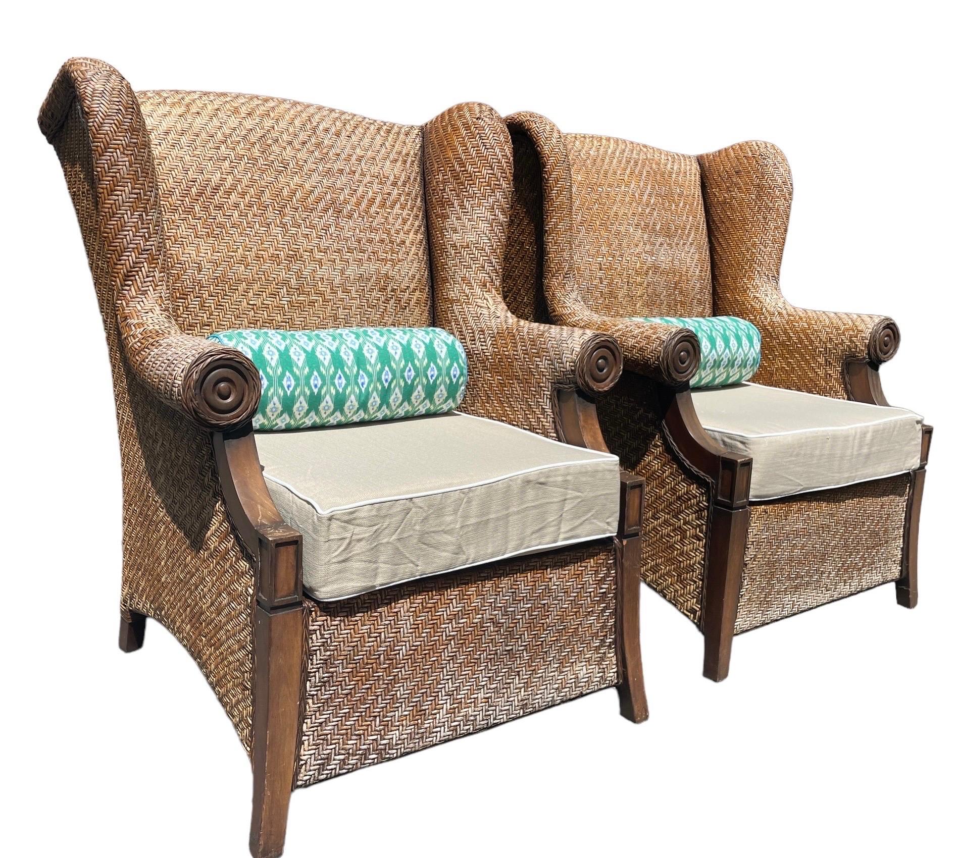 Pair of Vintage Wicker Wingback Armchairs Rattan Armchairs Palm Beach Style Pair 3