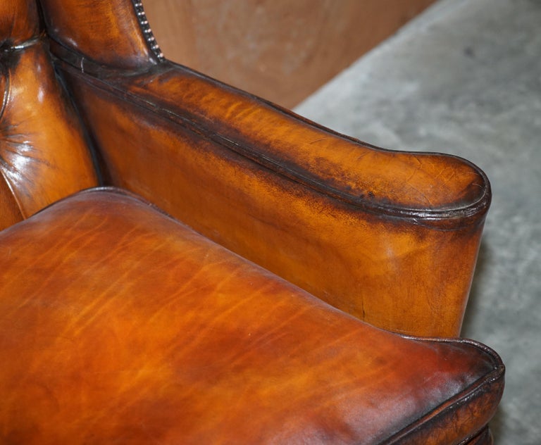 Pair of Vintage William Morris Wingback Armchairs Hand Dyed Cigar Brown Leather For Sale 4