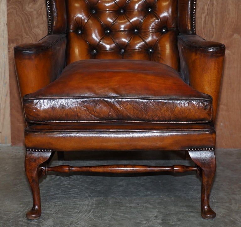 Pair of Vintage William Morris Wingback Armchairs Hand Dyed Cigar Brown Leather For Sale 5