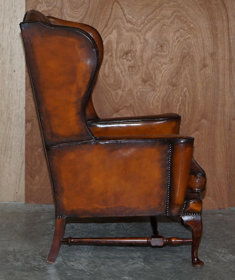 Pair of Vintage William Morris Wingback Armchairs Hand Dyed Cigar Brown Leather For Sale 7
