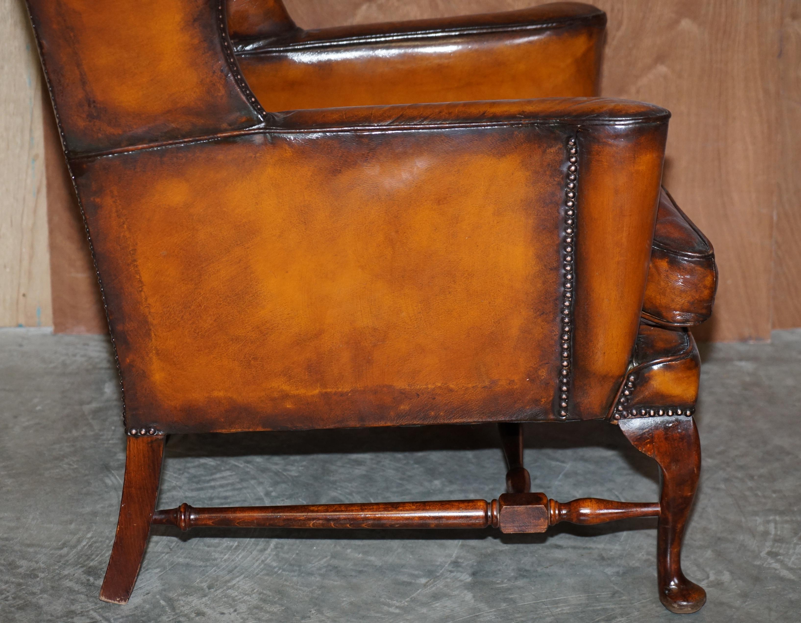 Pair of Vintage William Morris Wingback Armchairs Hand Dyed Cigar Brown Leather 6