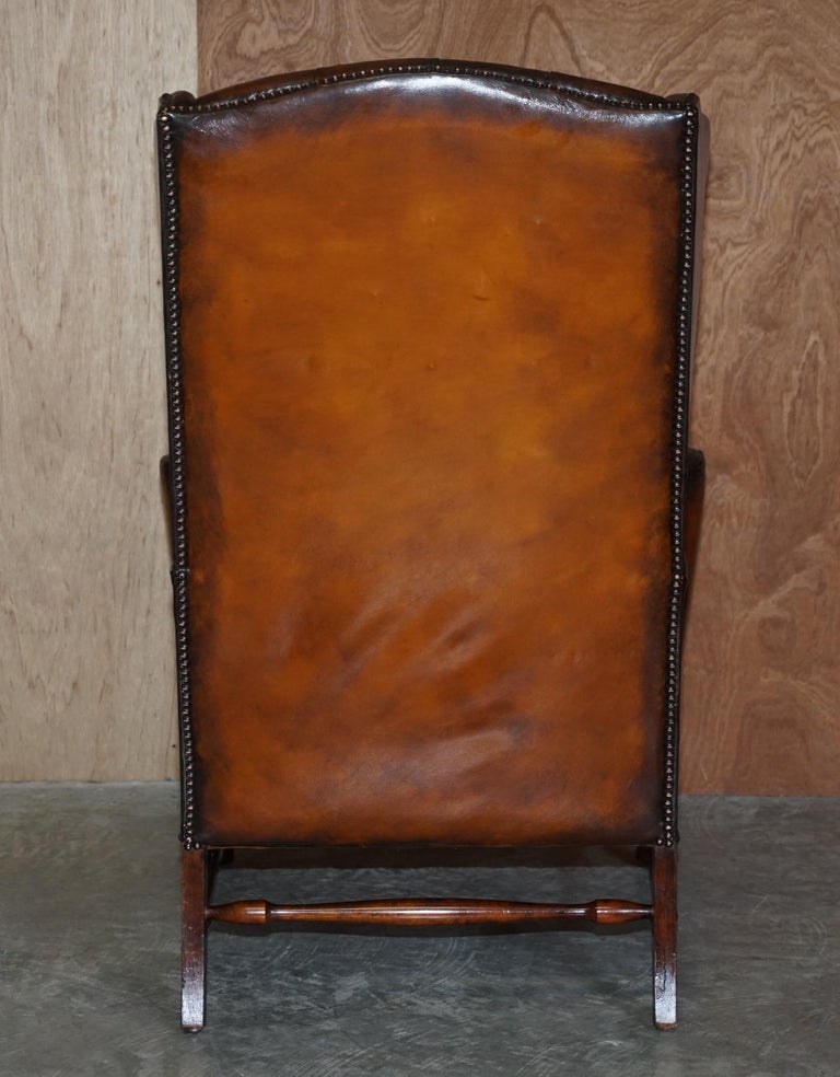 Pair of Vintage William Morris Wingback Armchairs Hand Dyed Cigar Brown Leather For Sale 9