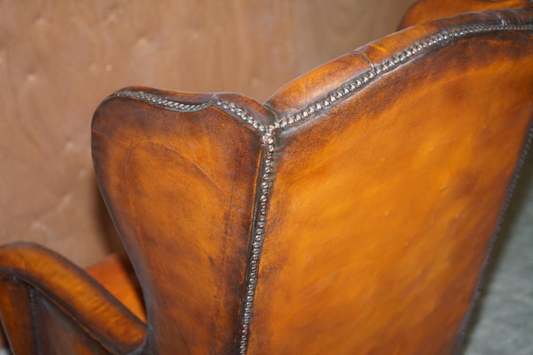 Pair of Vintage William Morris Wingback Armchairs Hand Dyed Cigar Brown Leather For Sale 10