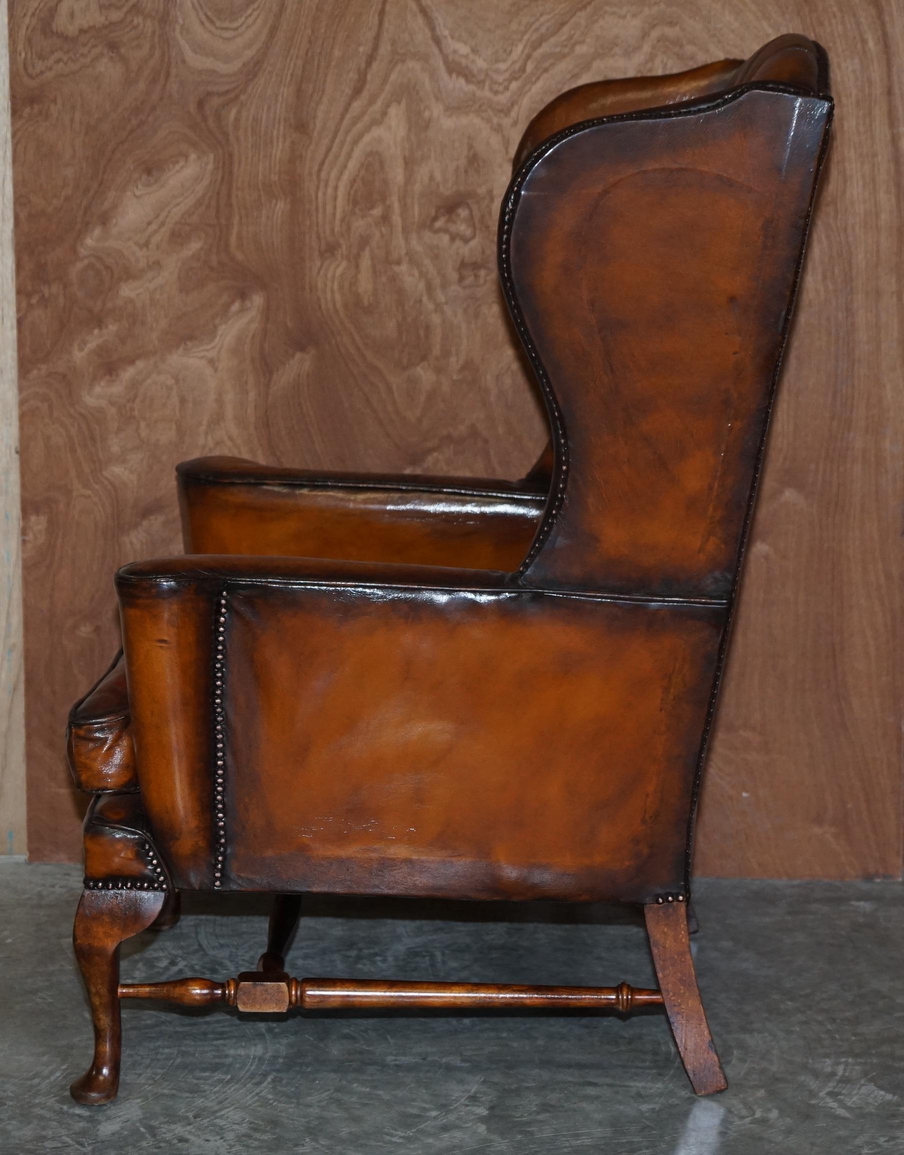 Pair of Vintage William Morris Wingback Armchairs Hand Dyed Cigar Brown Leather 9