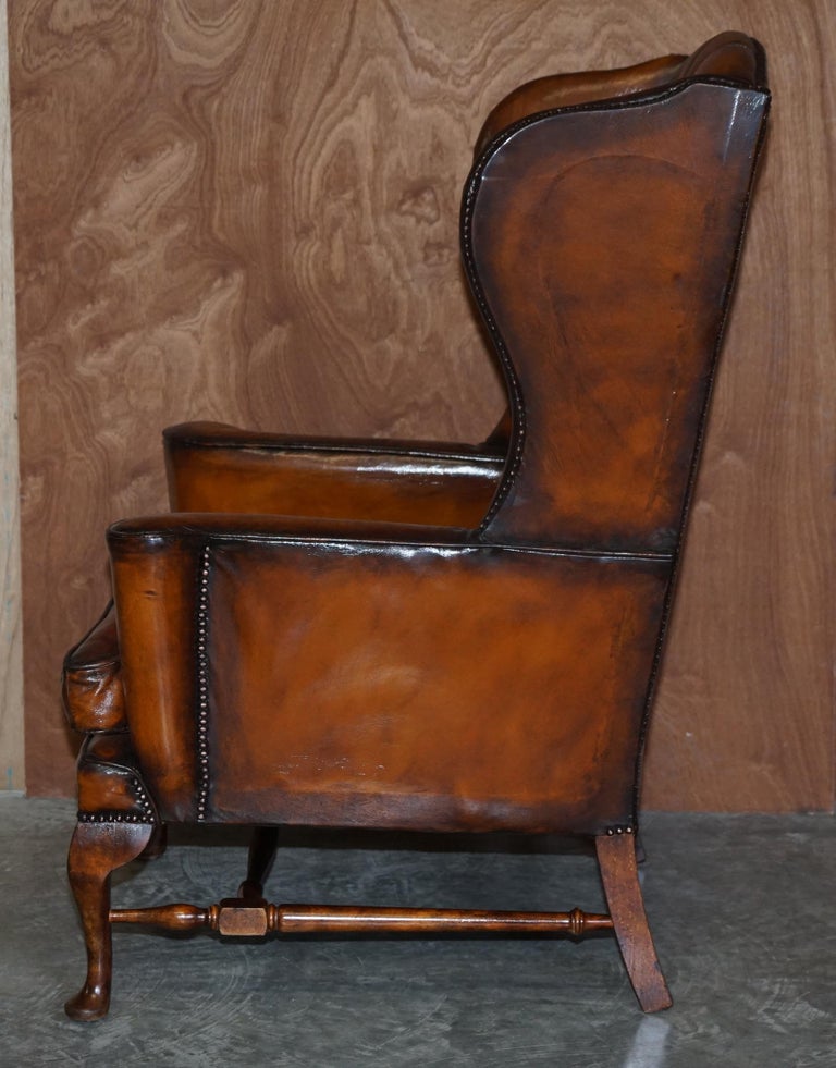Pair of Vintage William Morris Wingback Armchairs Hand Dyed Cigar Brown Leather For Sale 11
