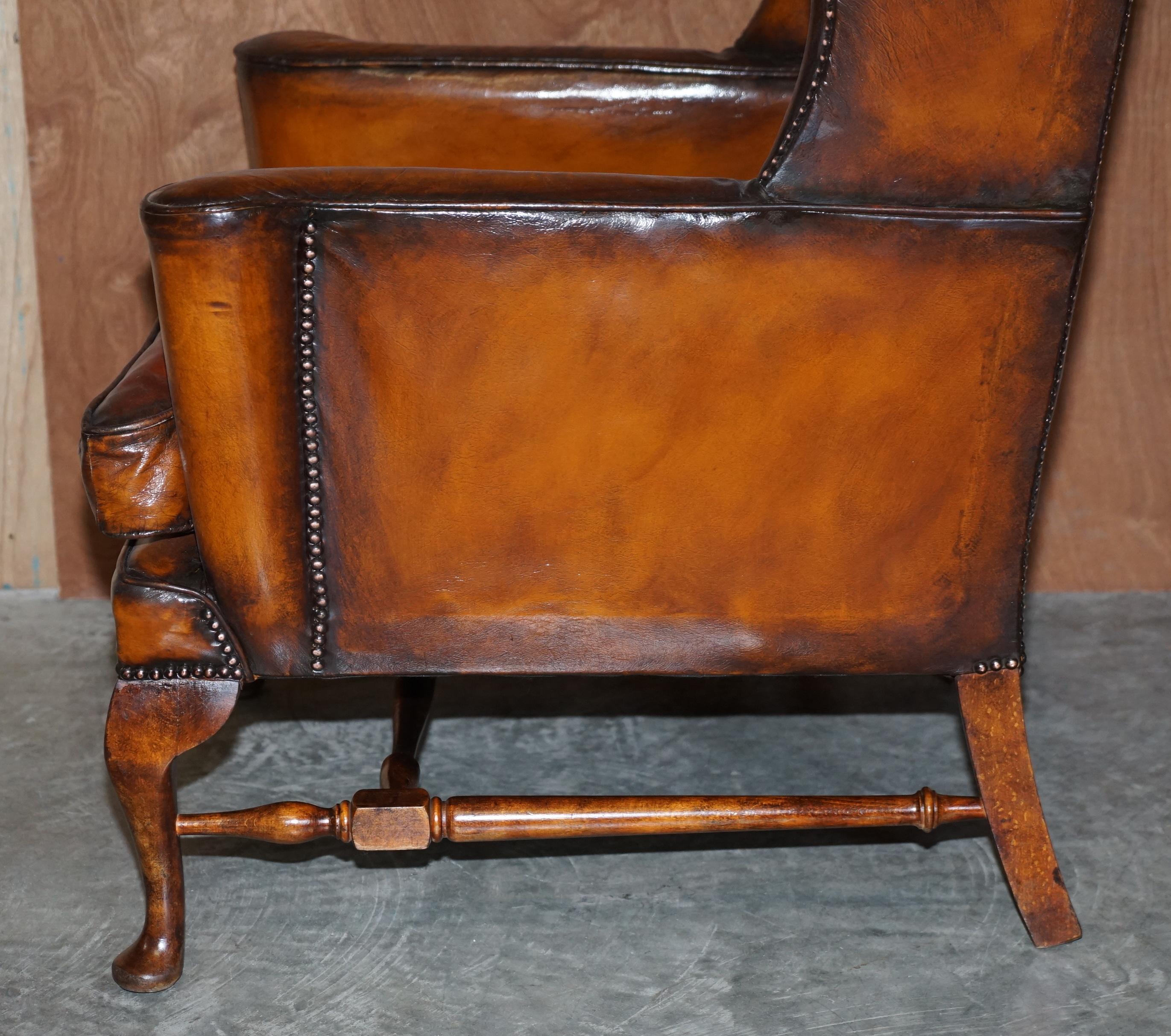 Pair of Vintage William Morris Wingback Armchairs Hand Dyed Cigar Brown Leather 10