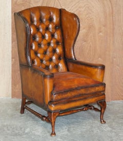 Pair of Vintage William Morris Wingback Armchairs Hand Dyed Cigar Brown Leather