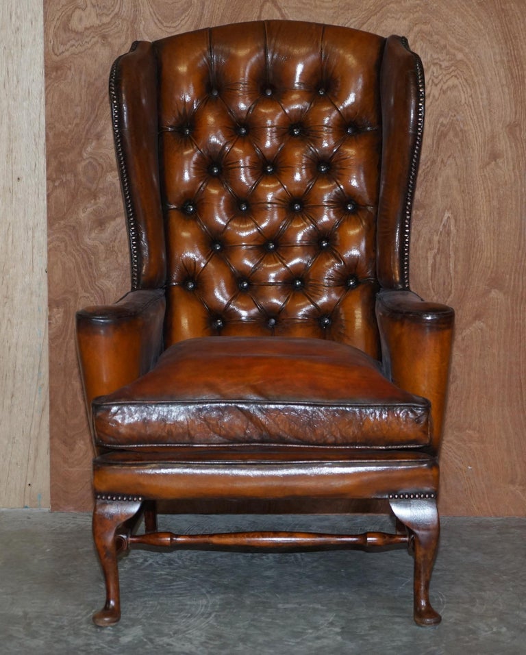 Victorian Pair of Vintage William Morris Wingback Armchairs Hand Dyed Cigar Brown Leather For Sale