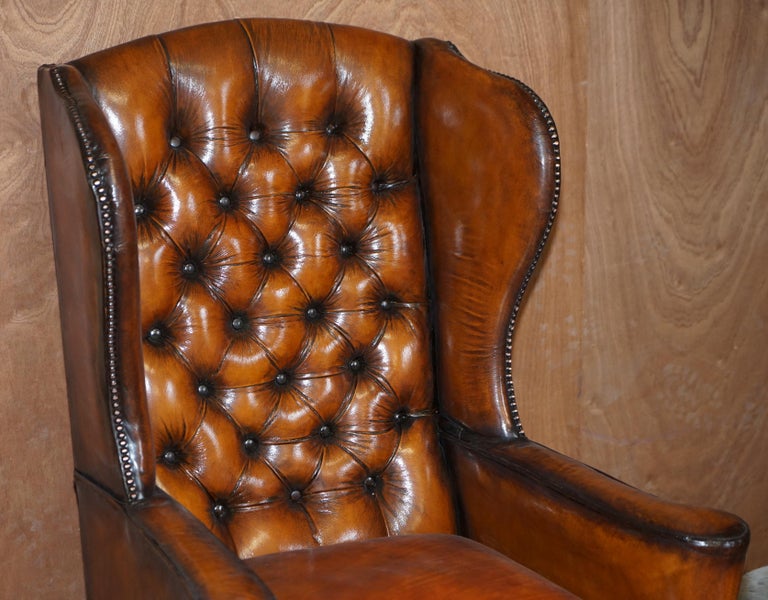 English Pair of Vintage William Morris Wingback Armchairs Hand Dyed Cigar Brown Leather For Sale