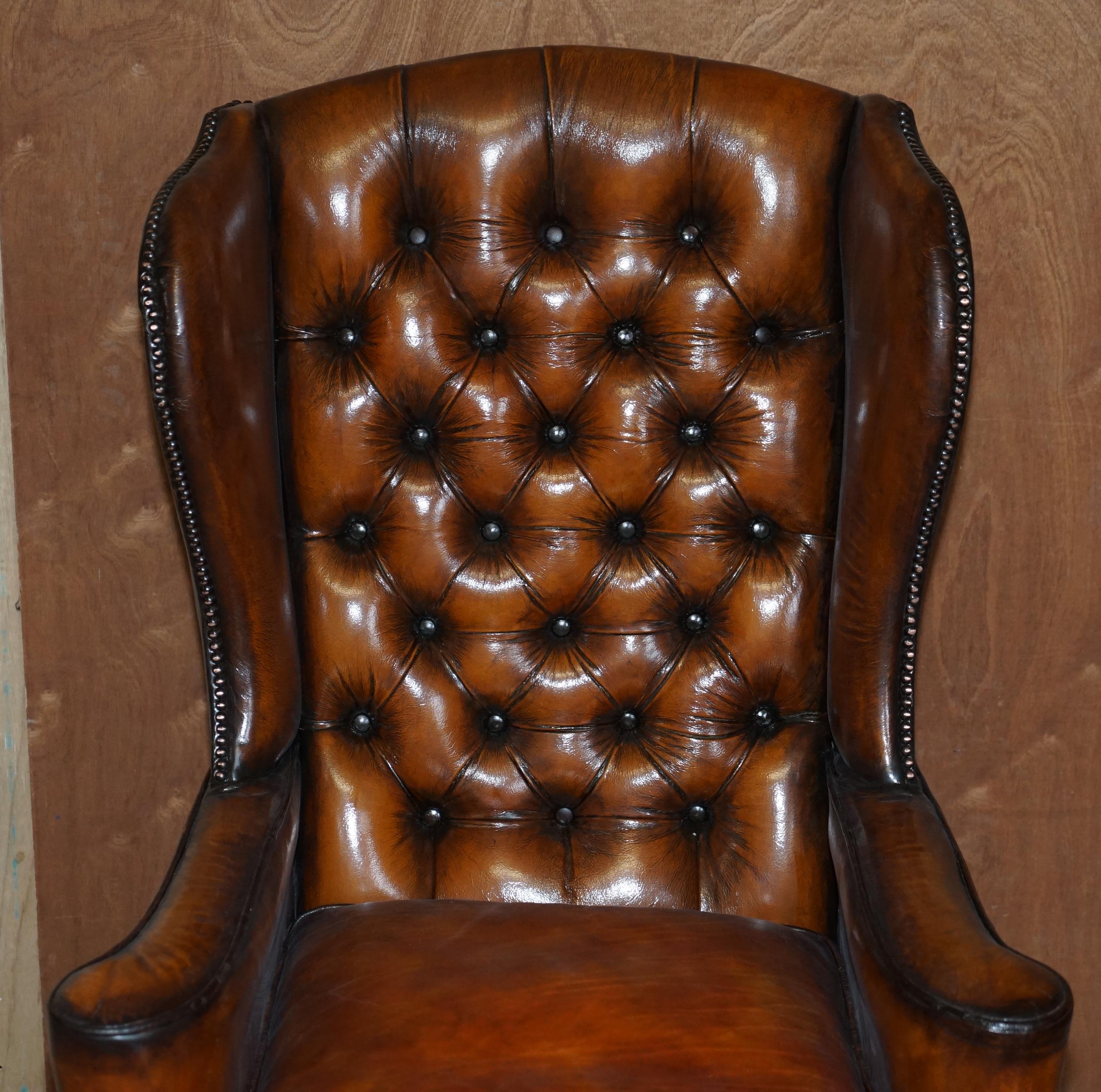 Victorian Pair of Vintage William Morris Wingback Armchairs Hand Dyed Cigar Brown Leather