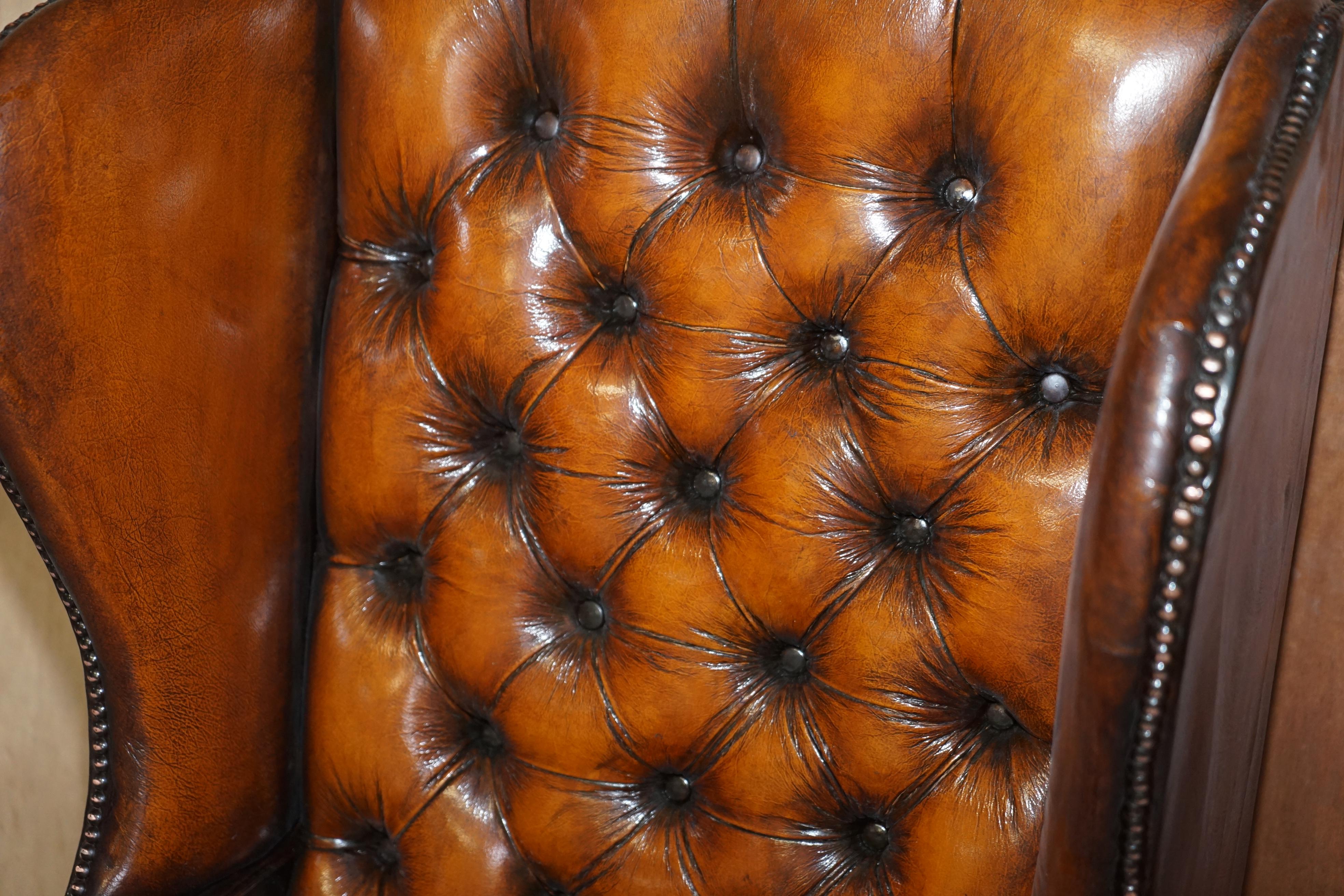 English Pair of Vintage William Morris Wingback Armchairs Hand Dyed Cigar Brown Leather