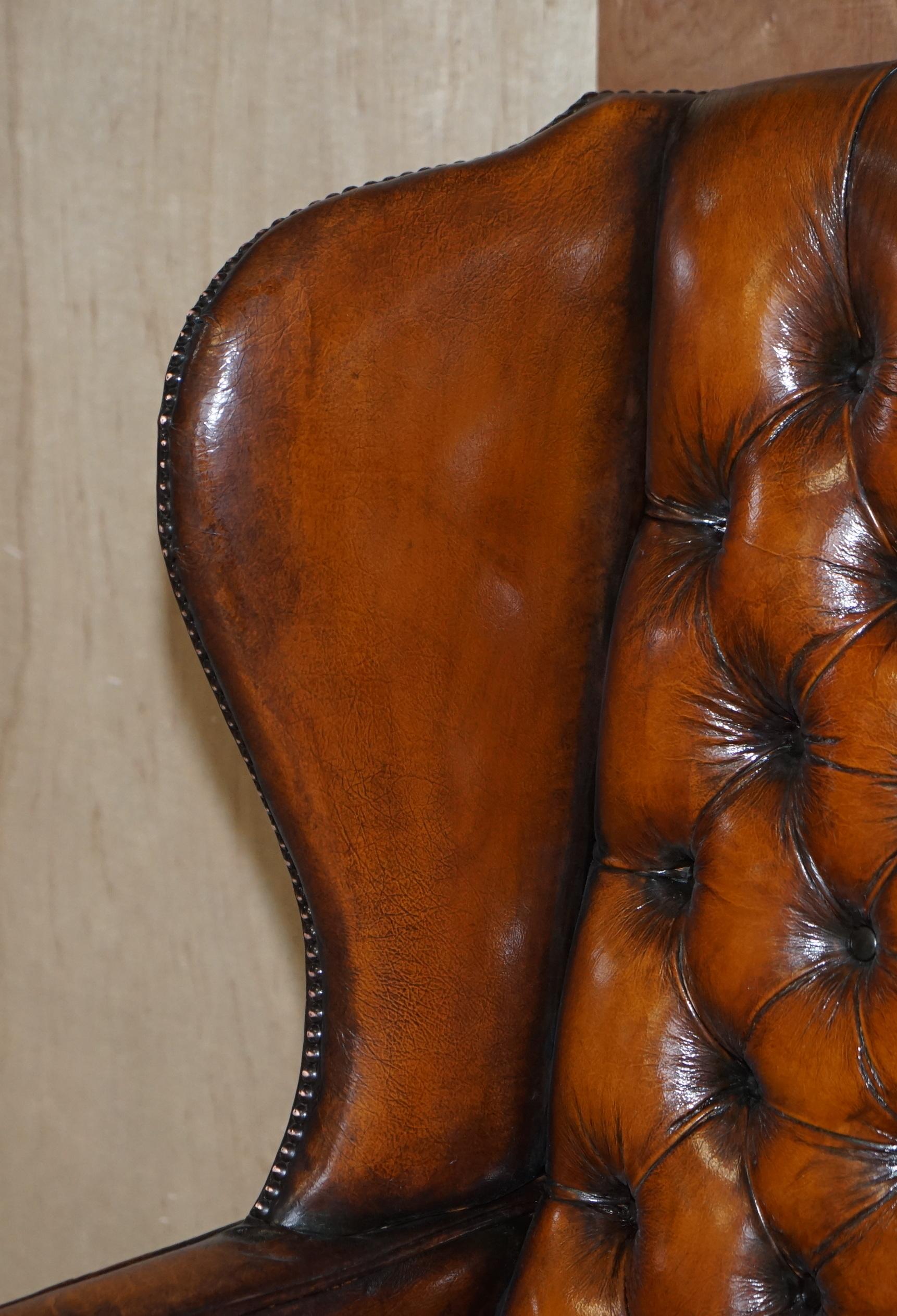 Hand-Crafted Pair of Vintage William Morris Wingback Armchairs Hand Dyed Cigar Brown Leather