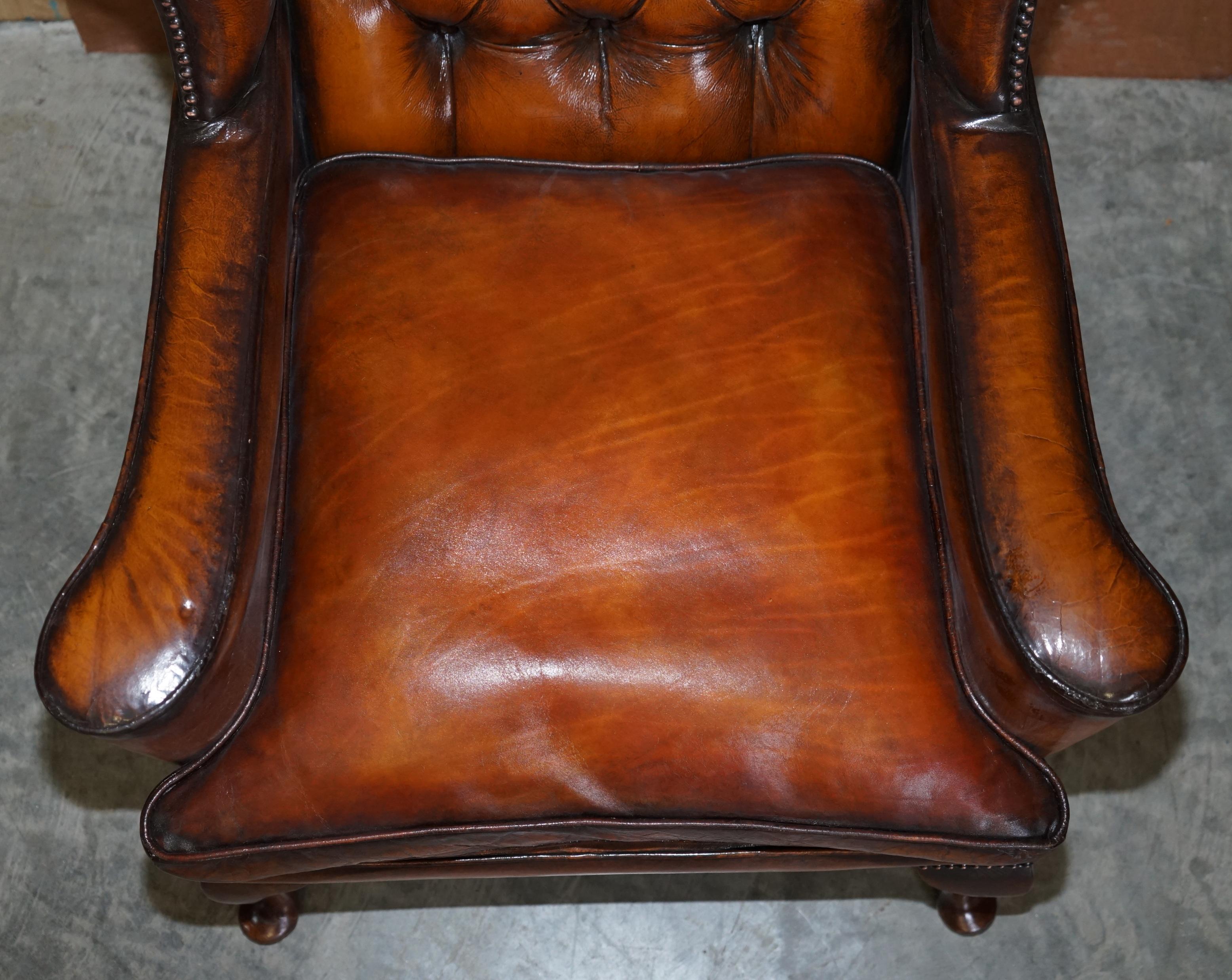 20th Century Pair of Vintage William Morris Wingback Armchairs Hand Dyed Cigar Brown Leather
