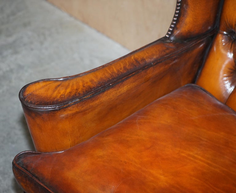 Pair of Vintage William Morris Wingback Armchairs Hand Dyed Cigar Brown Leather For Sale 3