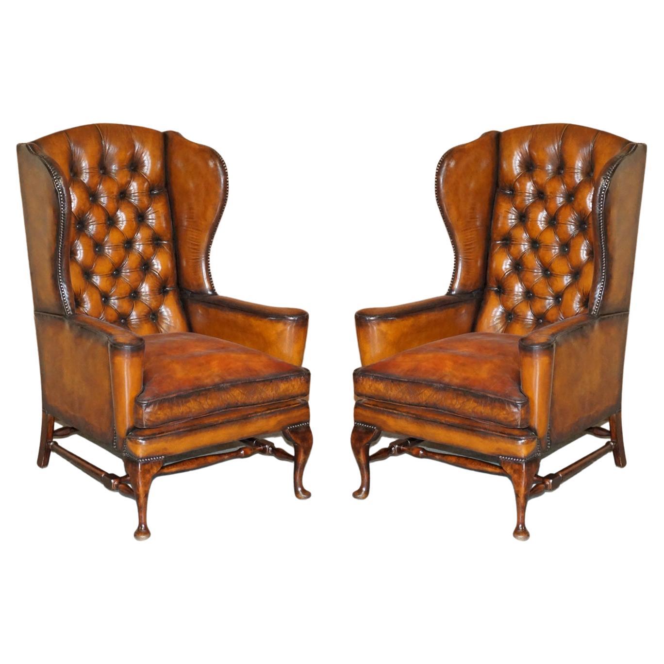 Pair of Vintage William Morris Wingback Armchairs Hand Dyed Cigar Brown Leather