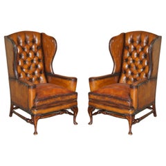 Pair of Used William Morris Wingback Armchairs Hand Dyed Cigar Brown Leather