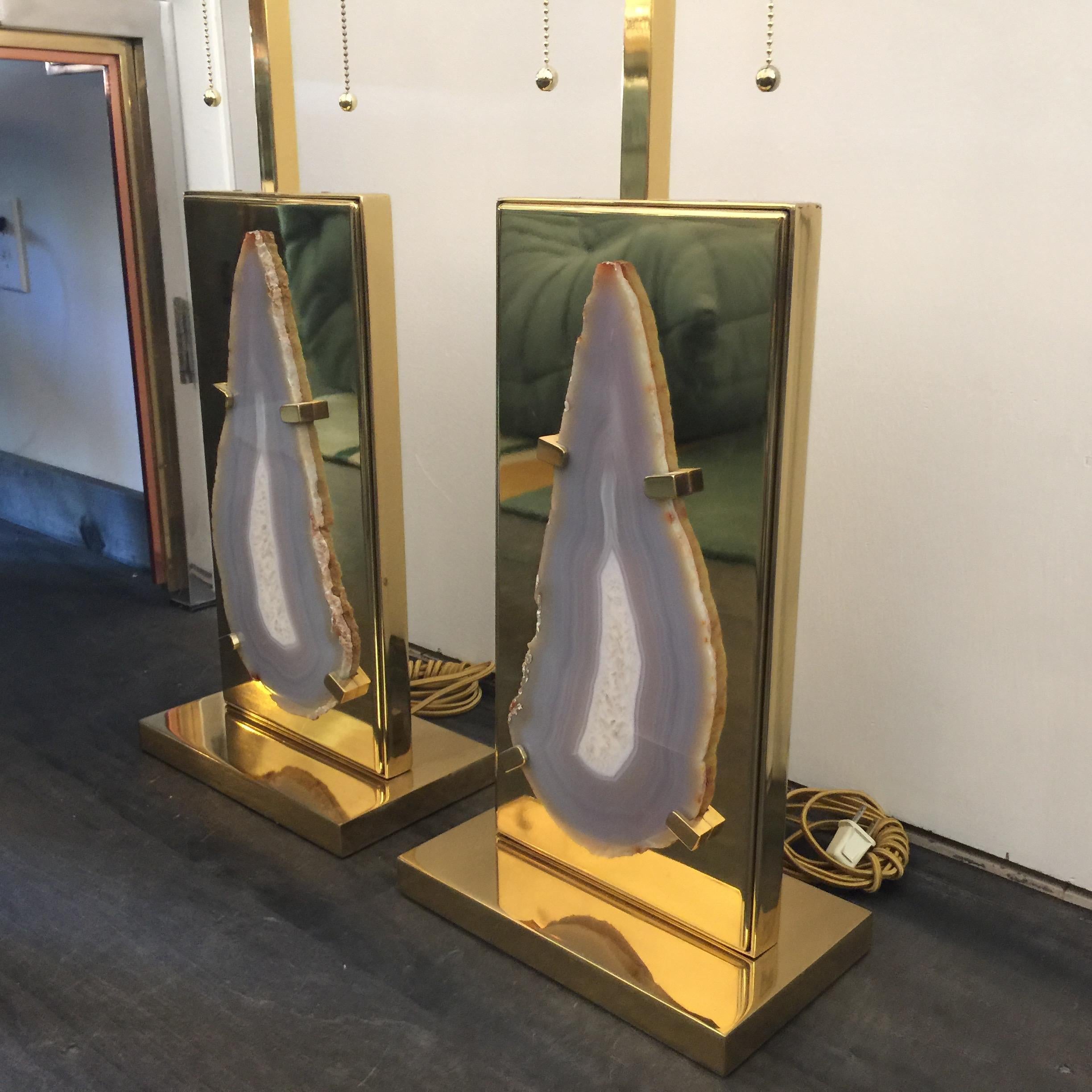 Pair of Vintage Willy Daro Style Agate and Brass Table Lamps In Good Condition For Sale In East Hampton, NY