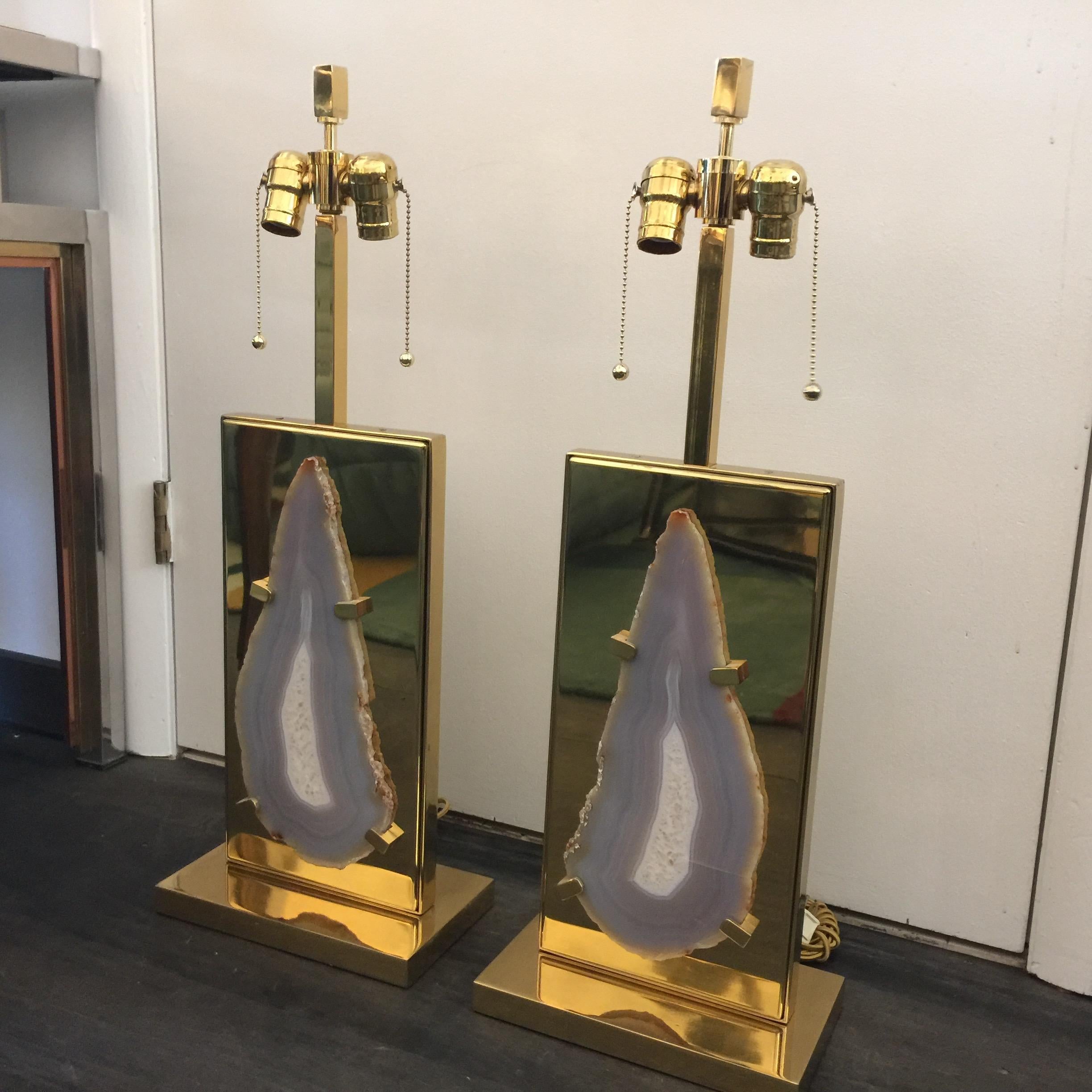 Pair of Vintage Willy Daro Style Agate and Brass Table Lamps For Sale 1