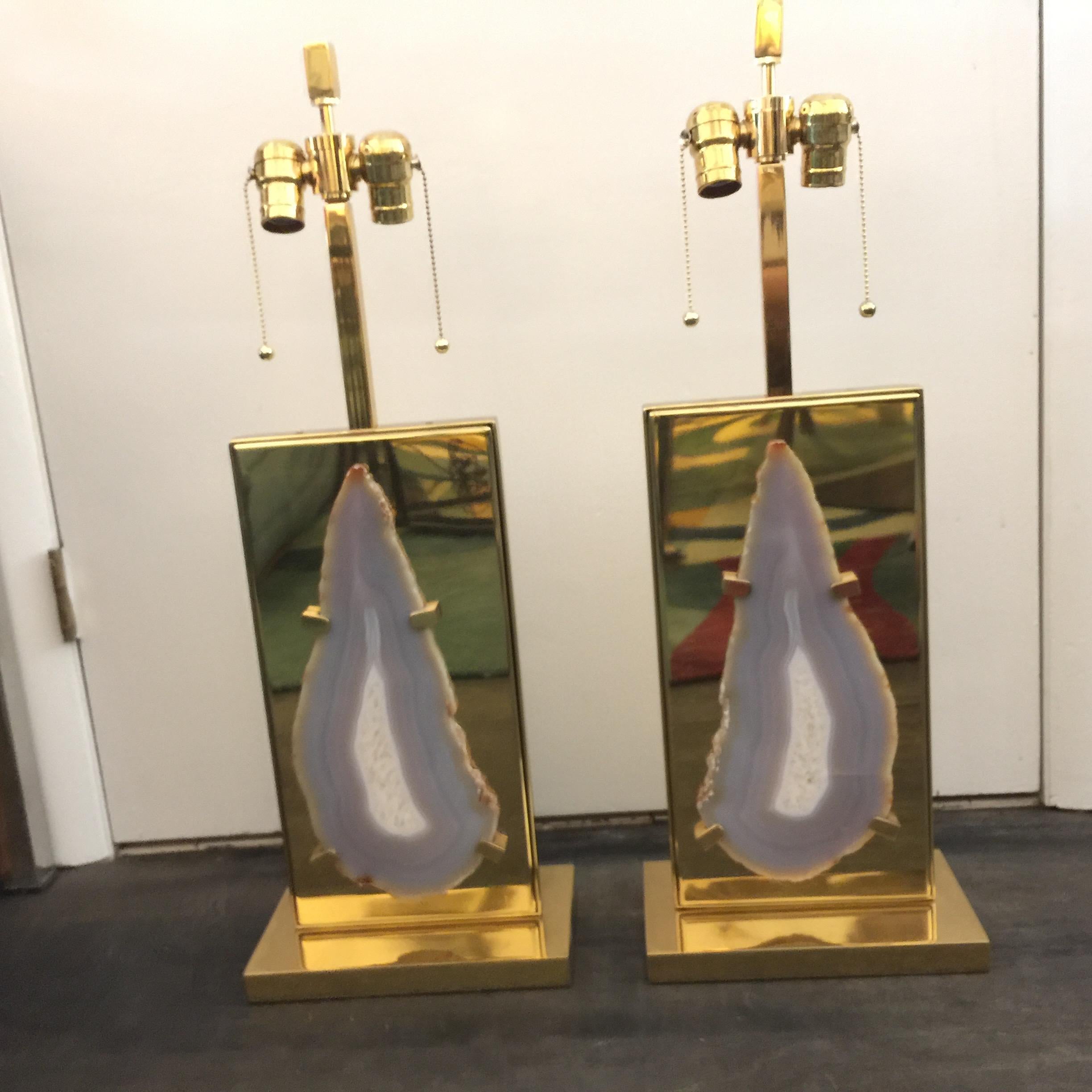 Pair of Vintage Willy Daro Style Agate and Brass Table Lamps For Sale 3