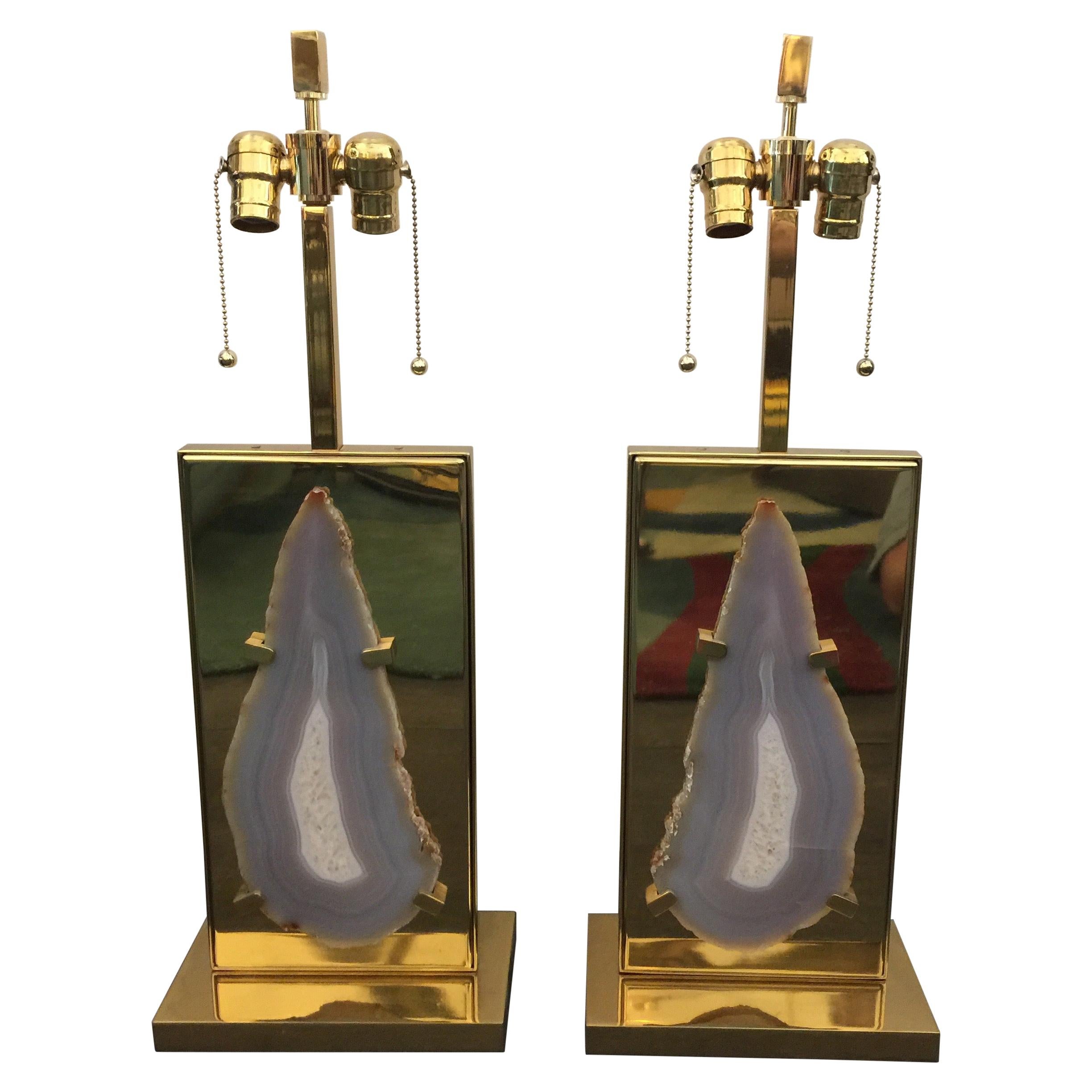 Pair of Vintage Willy Daro Style Agate and Brass Table Lamps For Sale