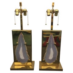 Pair of Vintage Willy Daro Style Agate and Brass Table Lamps