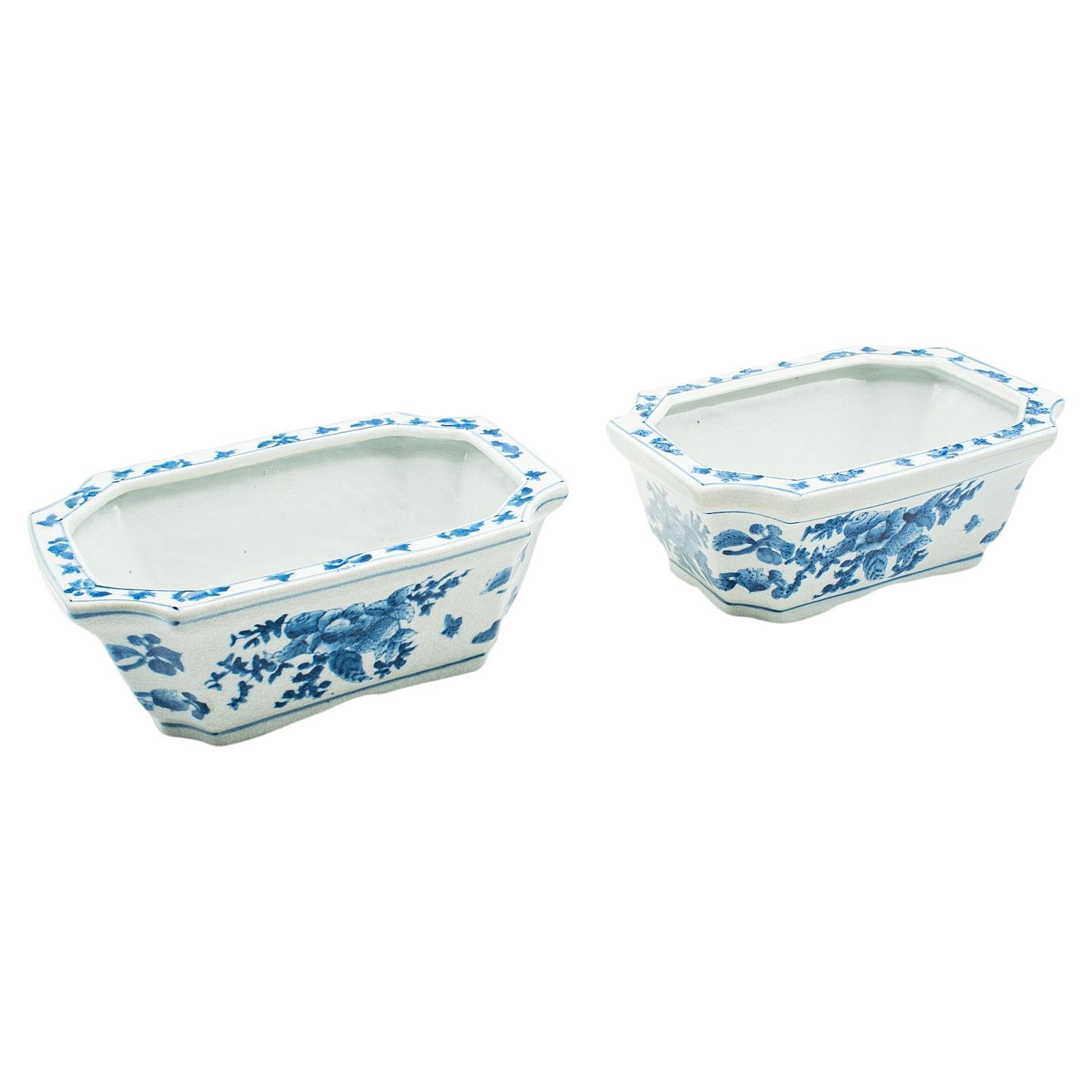 Pair Of Vintage Window Box Planters, Chinese Ceramic, Blue and White, Decorative