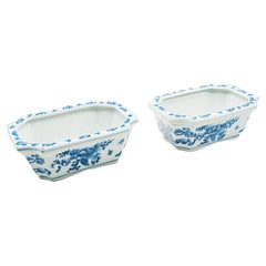 Pair Of Vintage Window Box Planters, Chinese Ceramic, Blue and White, Decorative