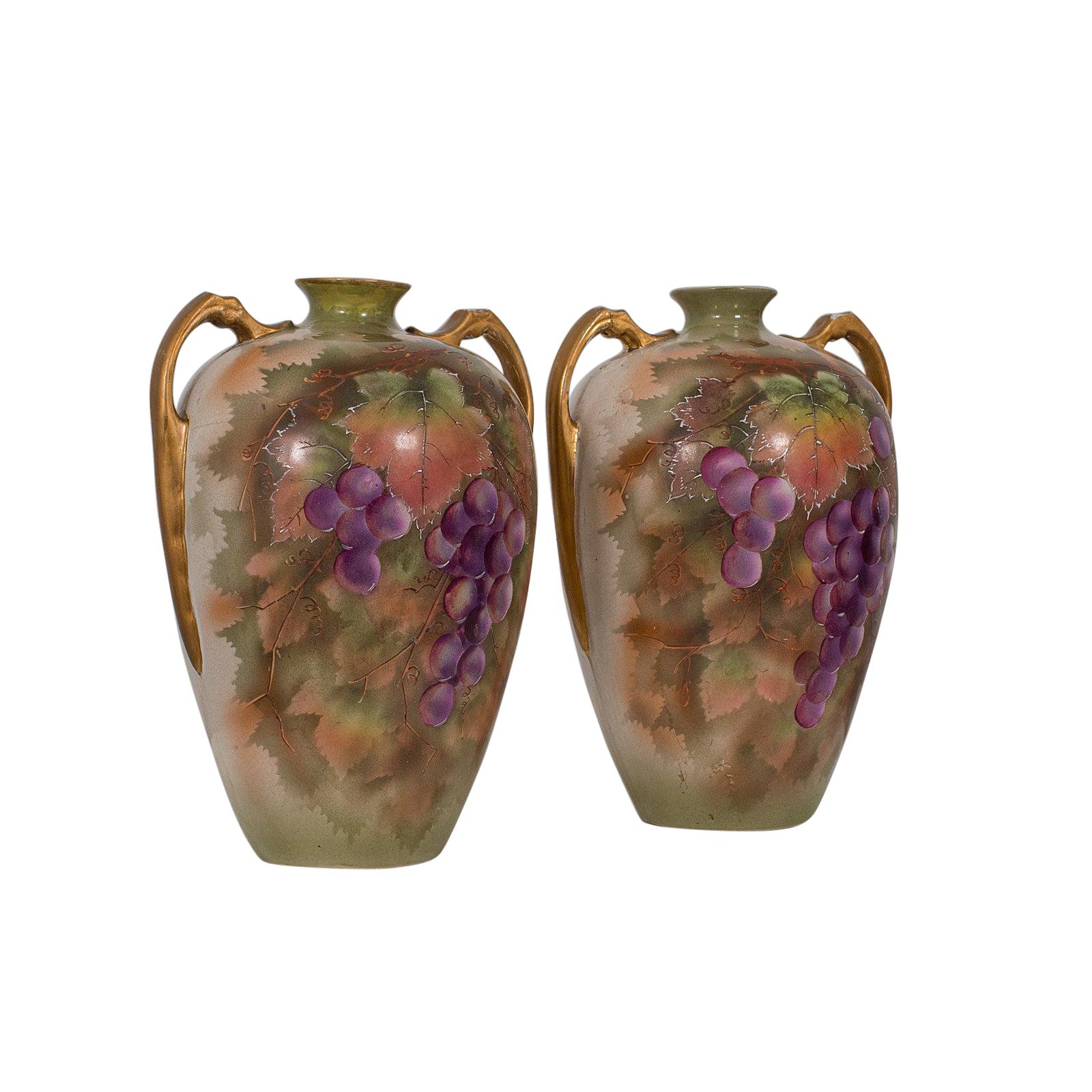 Pair of Vintage Wine Amphora, English, Ceramic, Decorative, Vessel, Hand Painted For Sale