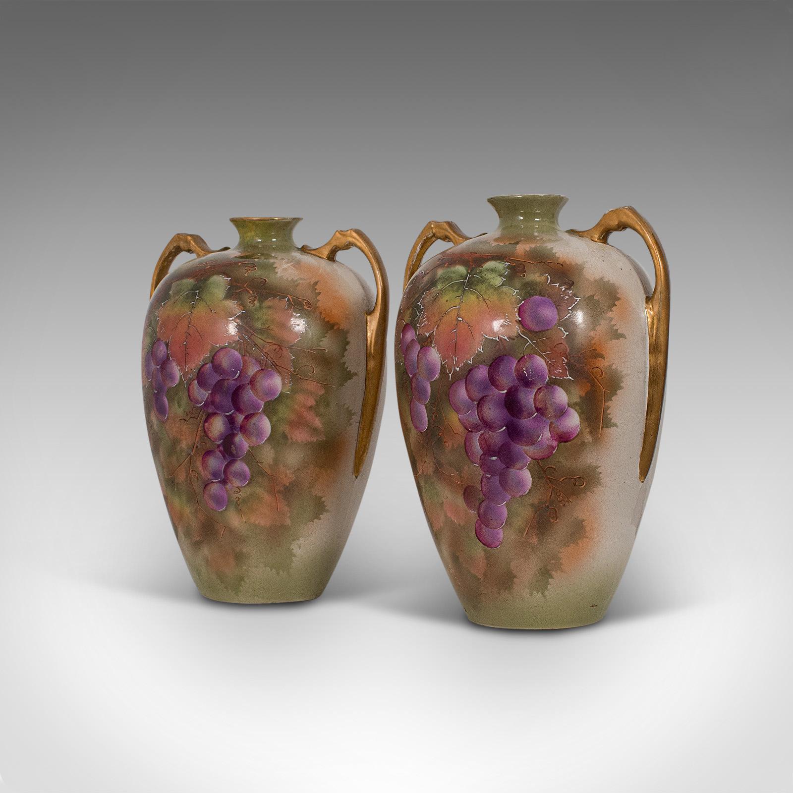 British Pair of Vintage Wine Amphora, English, Ceramic, Decorative, Vessel, Hand Painted For Sale