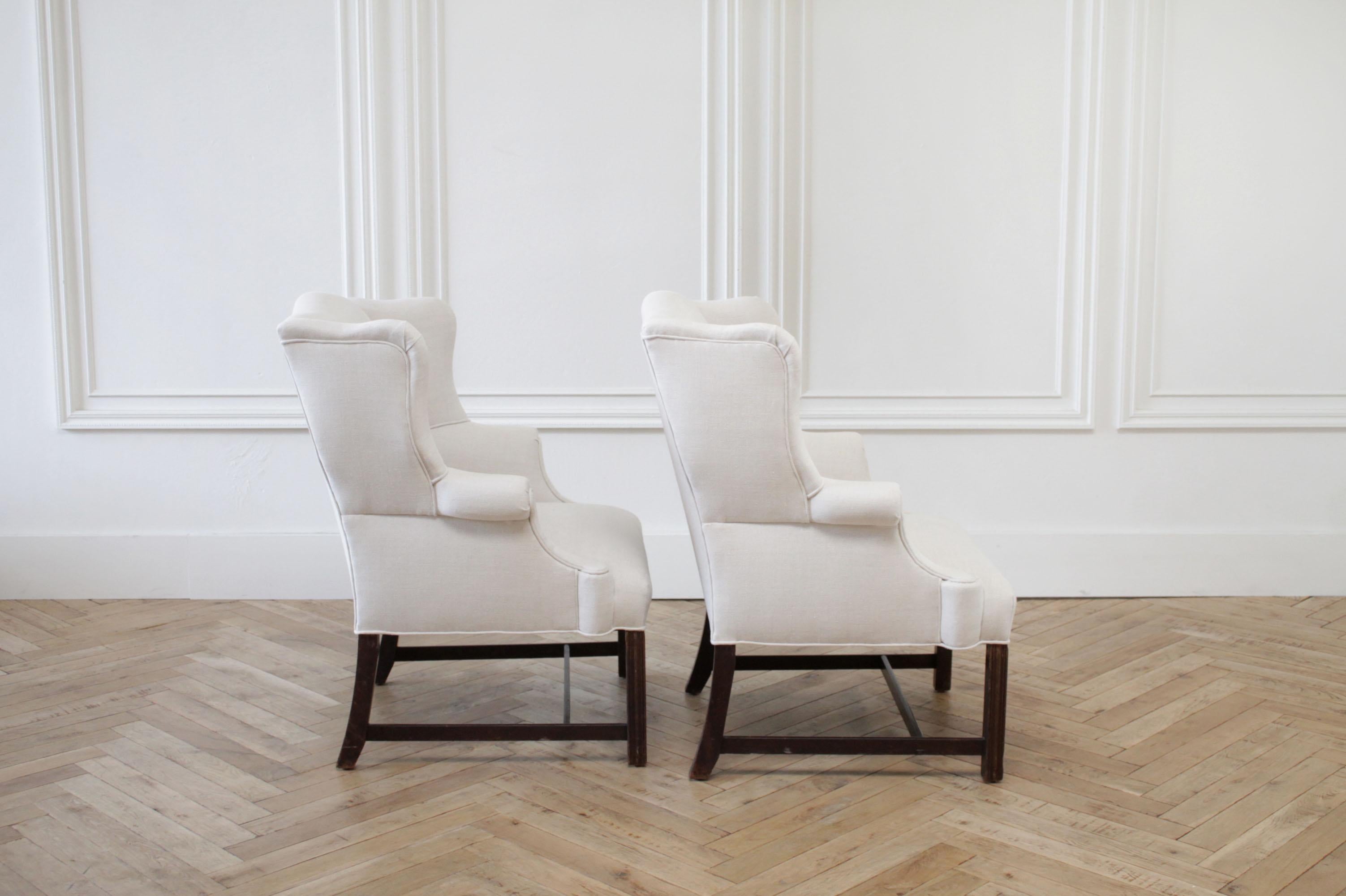 Pair of Vintage Wing Chairs in Natural Linen 1