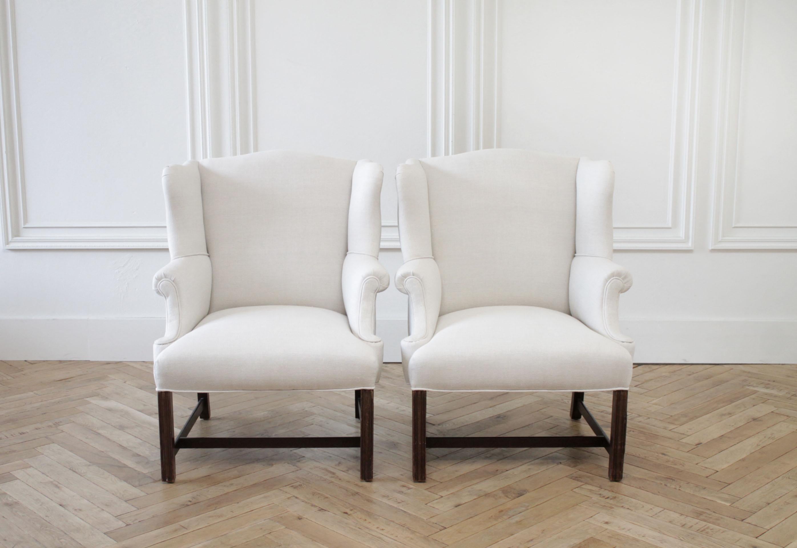 Pair of Vintage Wing Chairs in Natural Linen 2