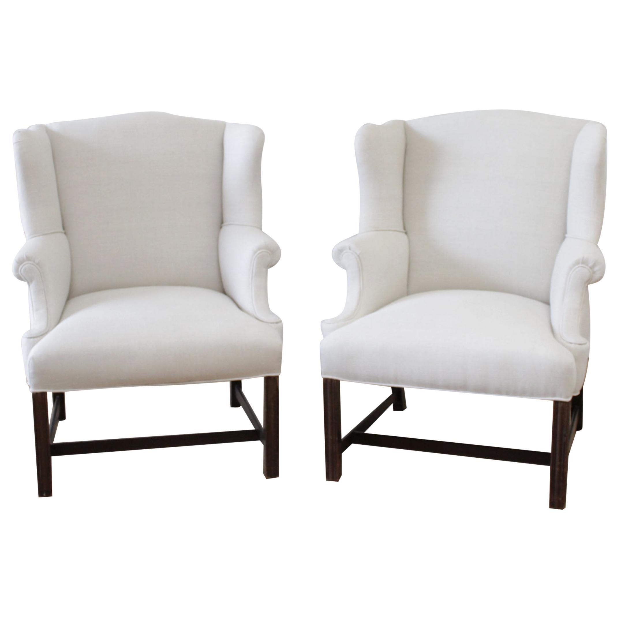 Pair of Vintage Wing Chairs in Natural Linen
