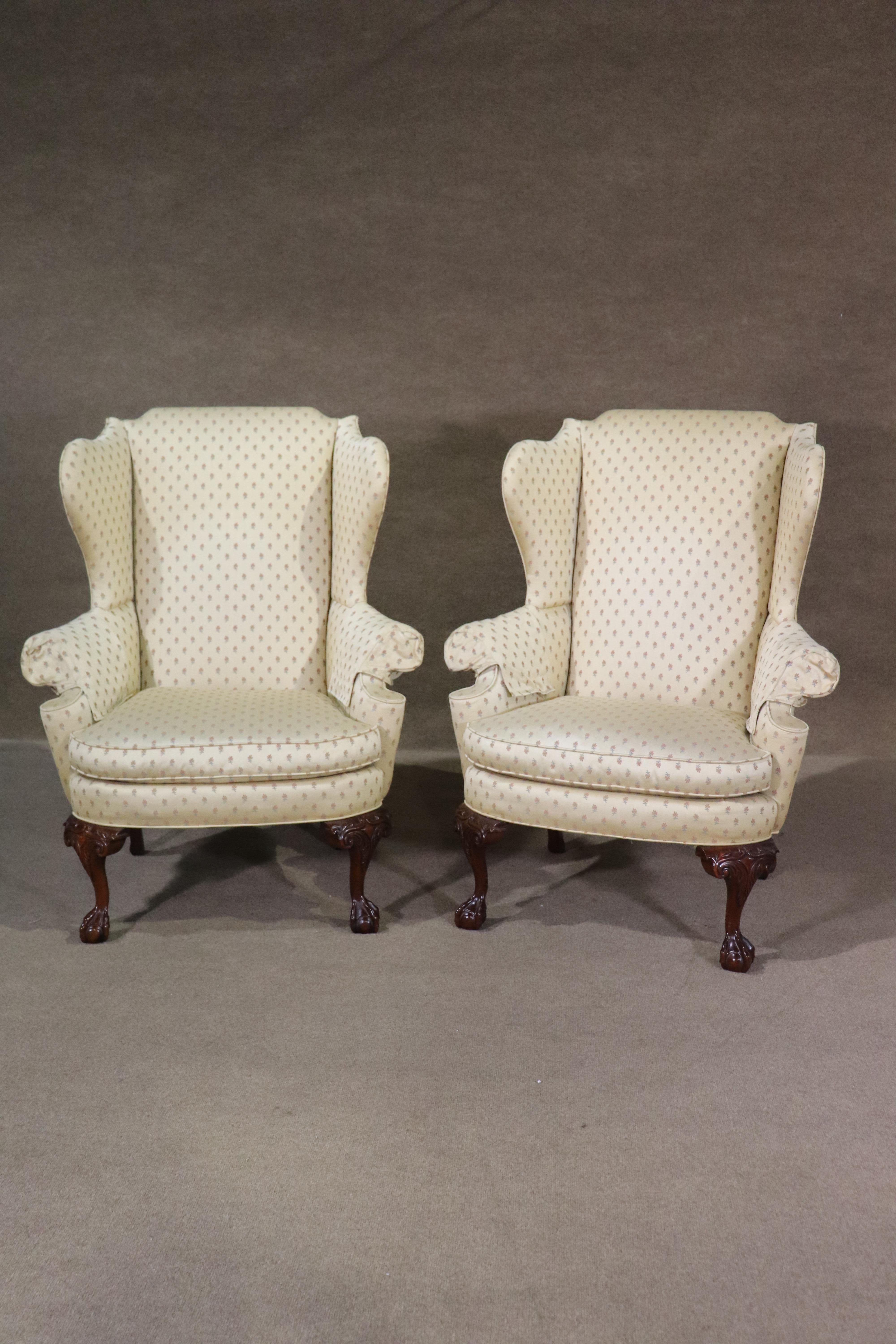 Vintage wingback armchairs with beautiful wood carved claw foot legs.
Please confirm location NY or NJ