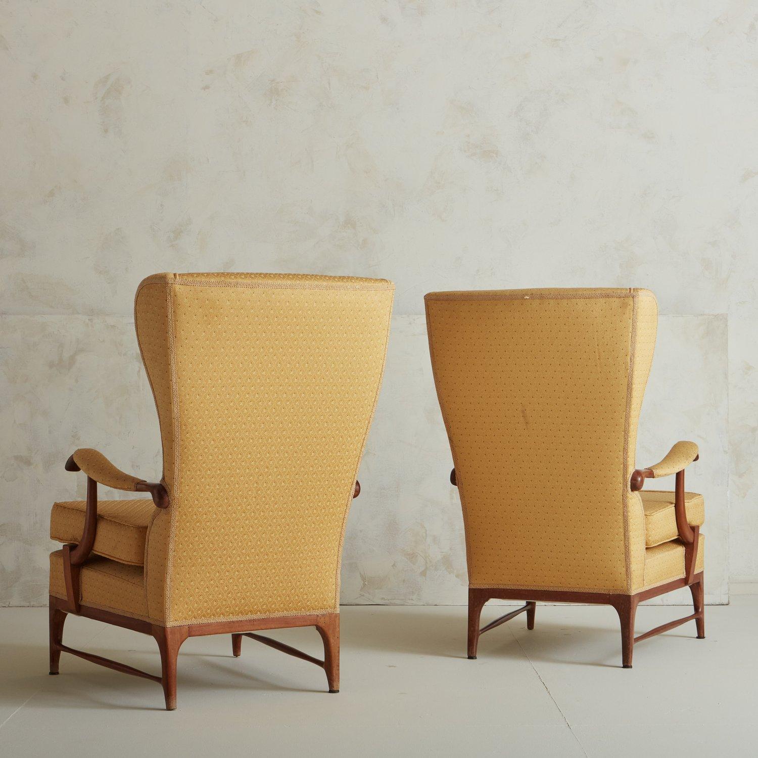 Mid-Century Modern Pair of Vintage Wingback Lounge Chairs in Original Yellow Upholstery, Italy