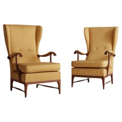Pair of Vintage Wingback Lounge Chairs in Original Yellow Upholstery, Italy
