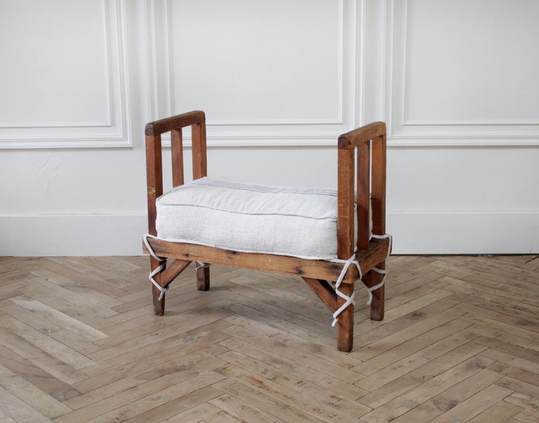 Pair Of Vintage Wood Benches With Custom Linen Grain Sack Cushions