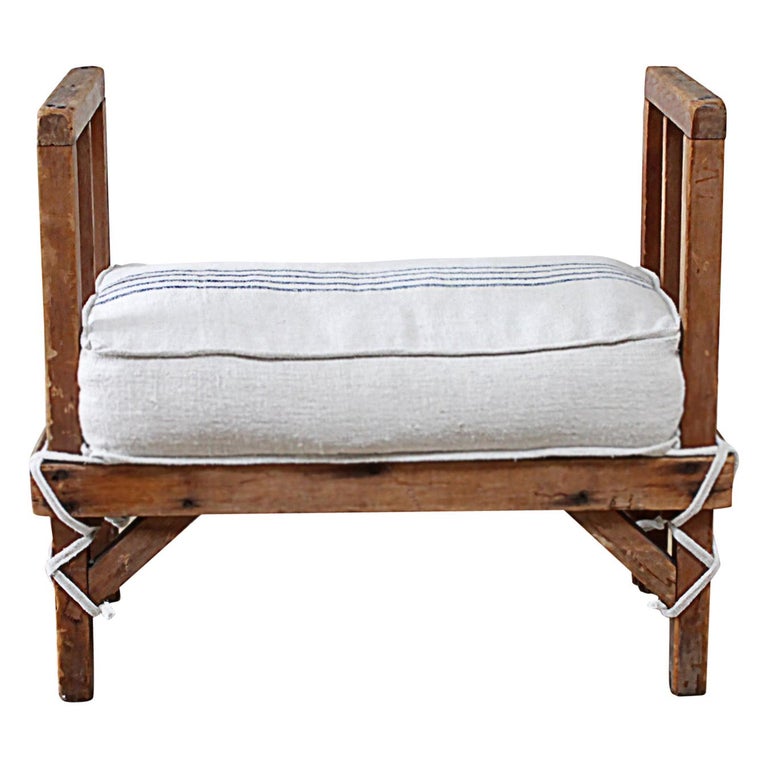 Pair Of Vintage Wood Benches With Custom Linen Grain Sack Cushions