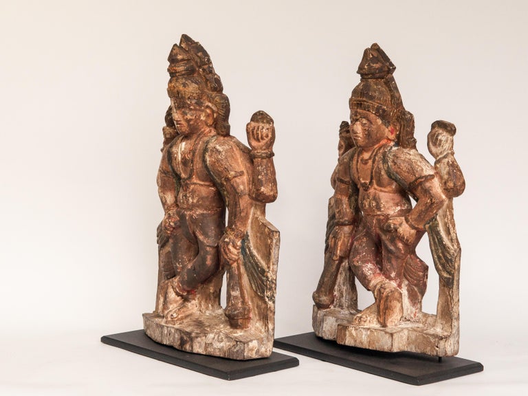 Pair of Vintage Wood Guardian Statues from India Early 