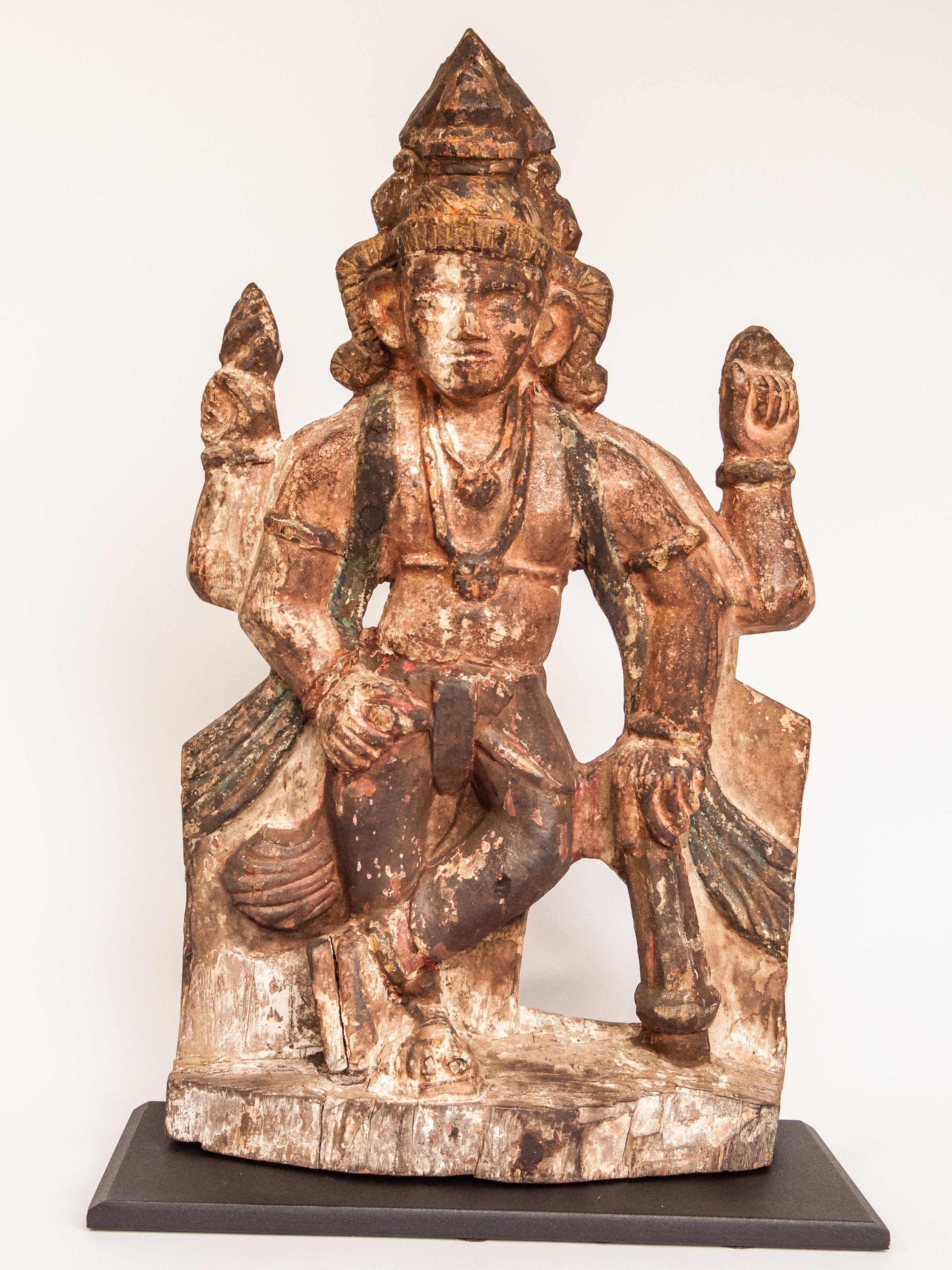 Pair of vintage wood guardian statues from India early 20th century. Jaya-Vijaya. Mounted on metal plates.
Jaya and Vijaya are the Guardians or Gatekeepers (Dvarapalas) of the God Vishnu's celestial abode, Vaikuntha, and are often found represented