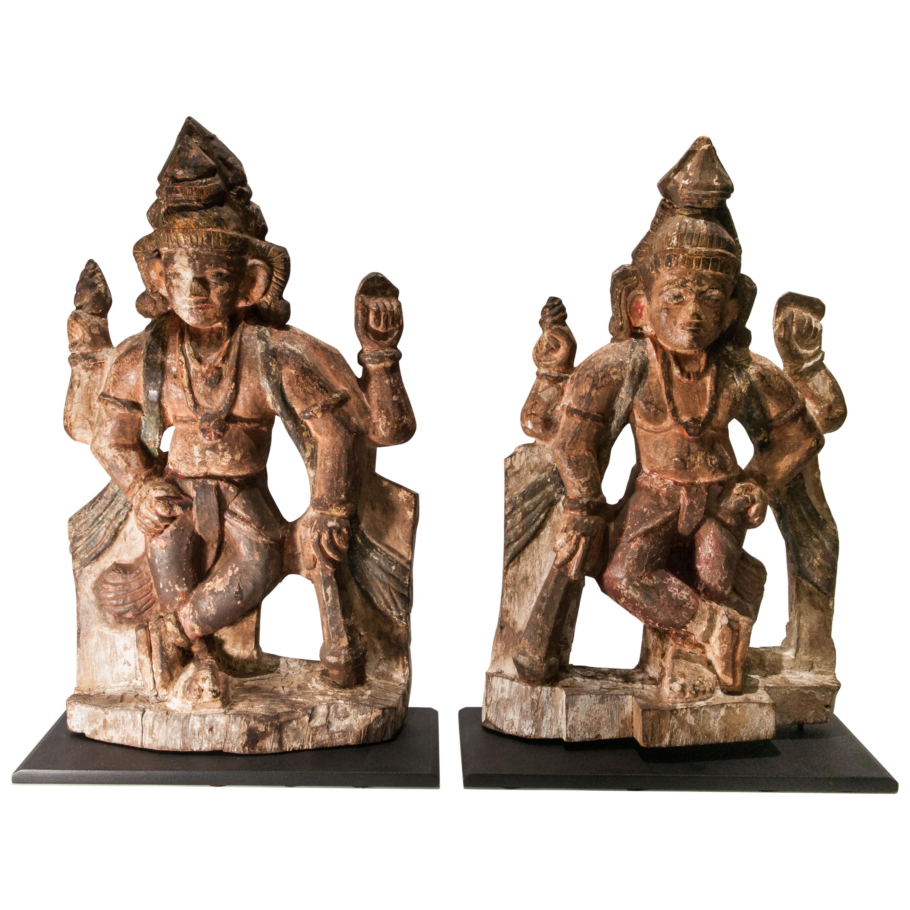 Pair of Vintage Wood Guardian Statues from India Early 20th Century, Jaya-Vijaya