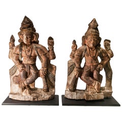 Pair of Antique Wood Guardian Statues from India Early 20th Century, Jaya-Vijaya