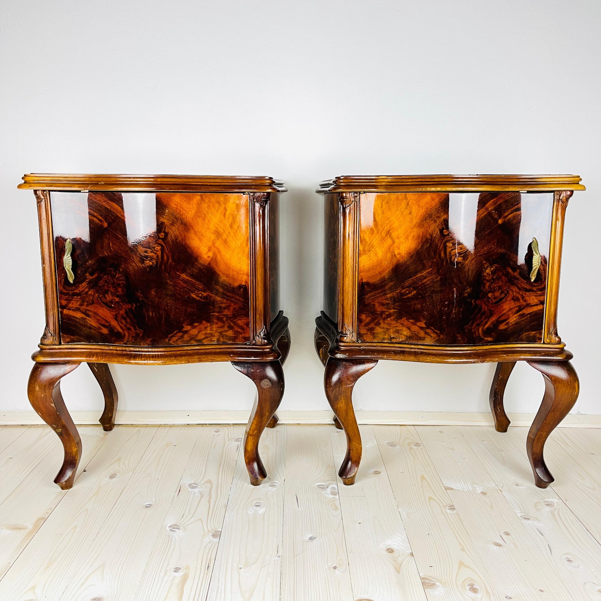 Pair beautiful bedside tables were made in the 1960s in Italy. Made of solid wood, plywood. Original fittings. They have been preserved to this day in good condition. Despite their venerable age, they look excellent. There are signs of wear and tear