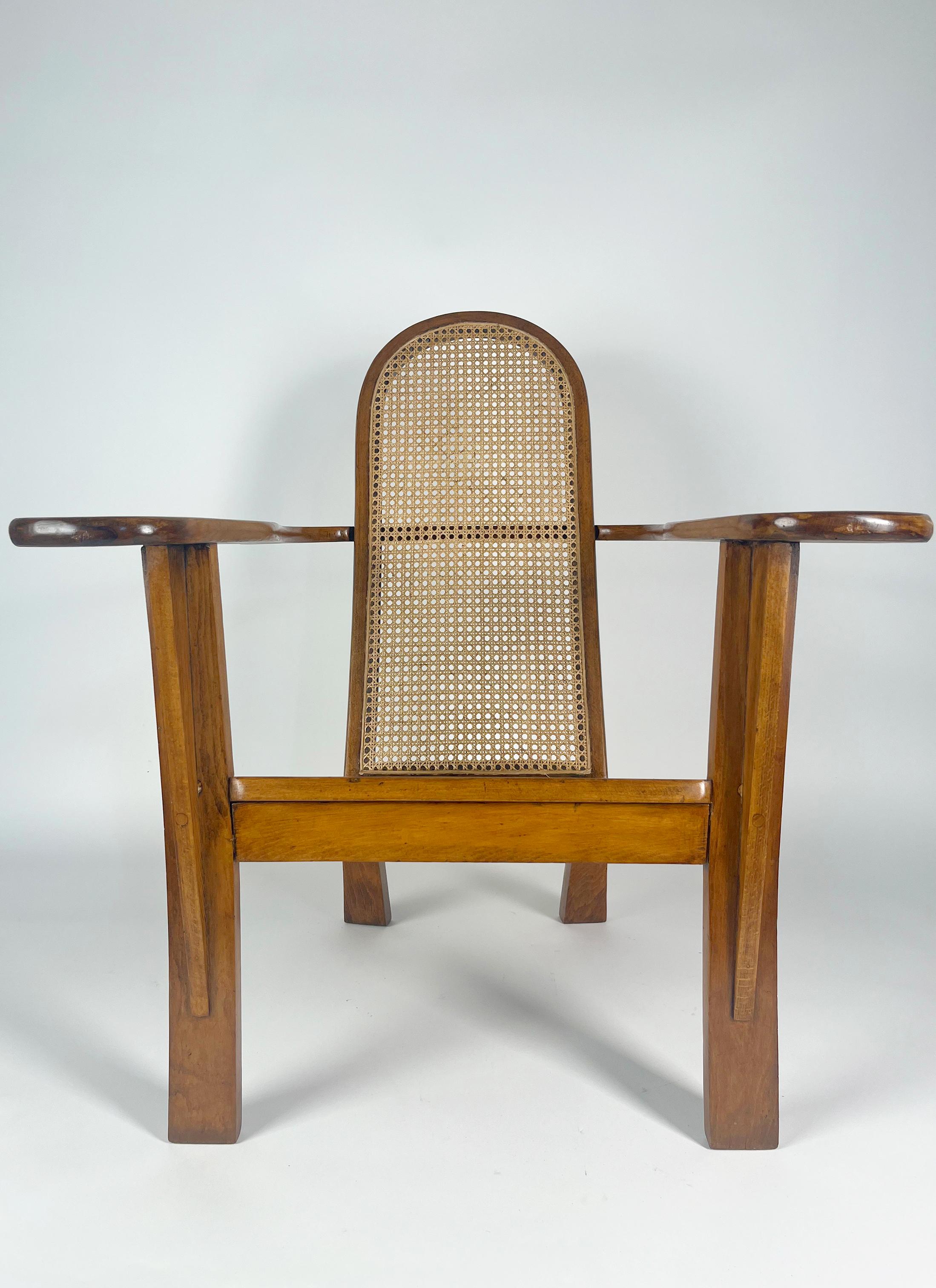 Rotin Paire de fauteuils vintage en bois avec détails en rotin, années 50 en vente