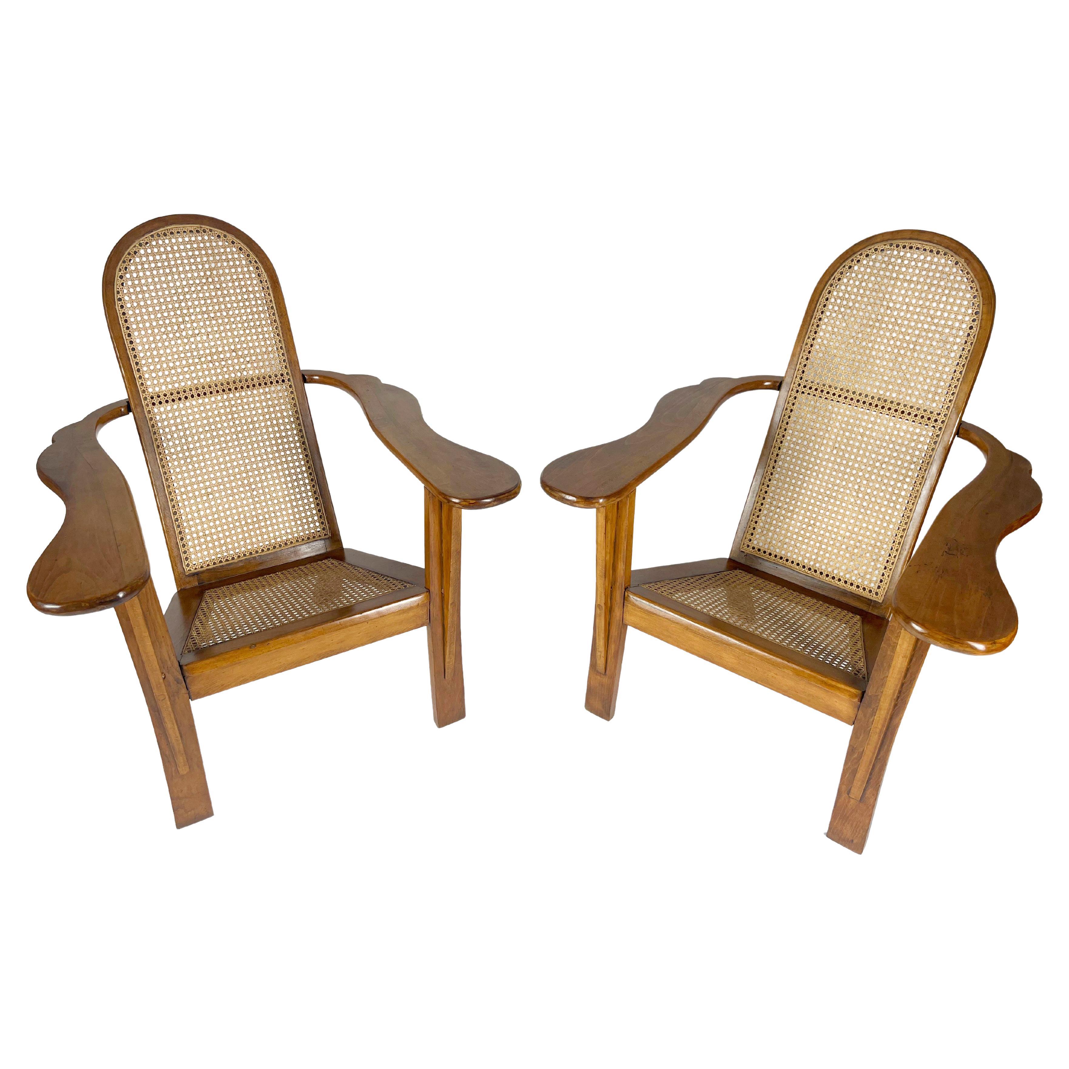 Pair of Vintage Wooden Armchairs with Rattan Details, 50s