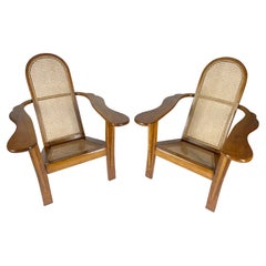 Pair of Vintage Wooden Armchairs with Rattan Details, 50s