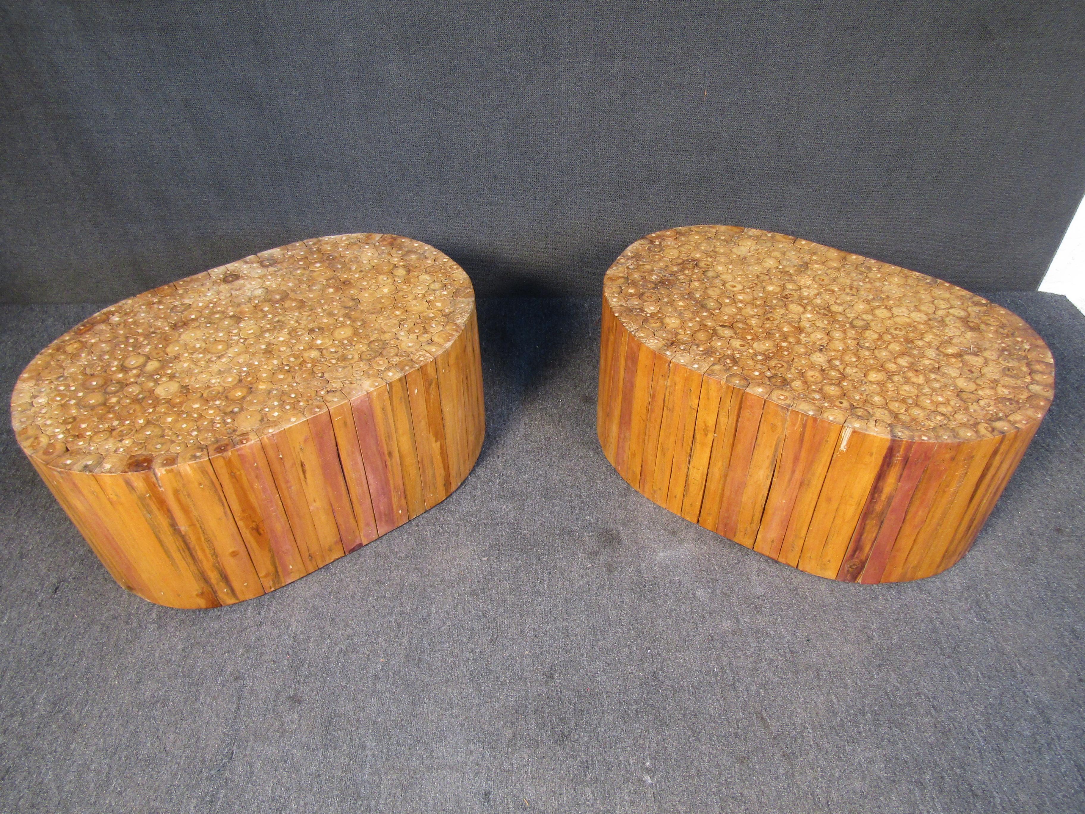 This pair of vintage side tables combines a unique texture with a light shade of wood grain. Please confirm item location with seller (NY/NJ).
