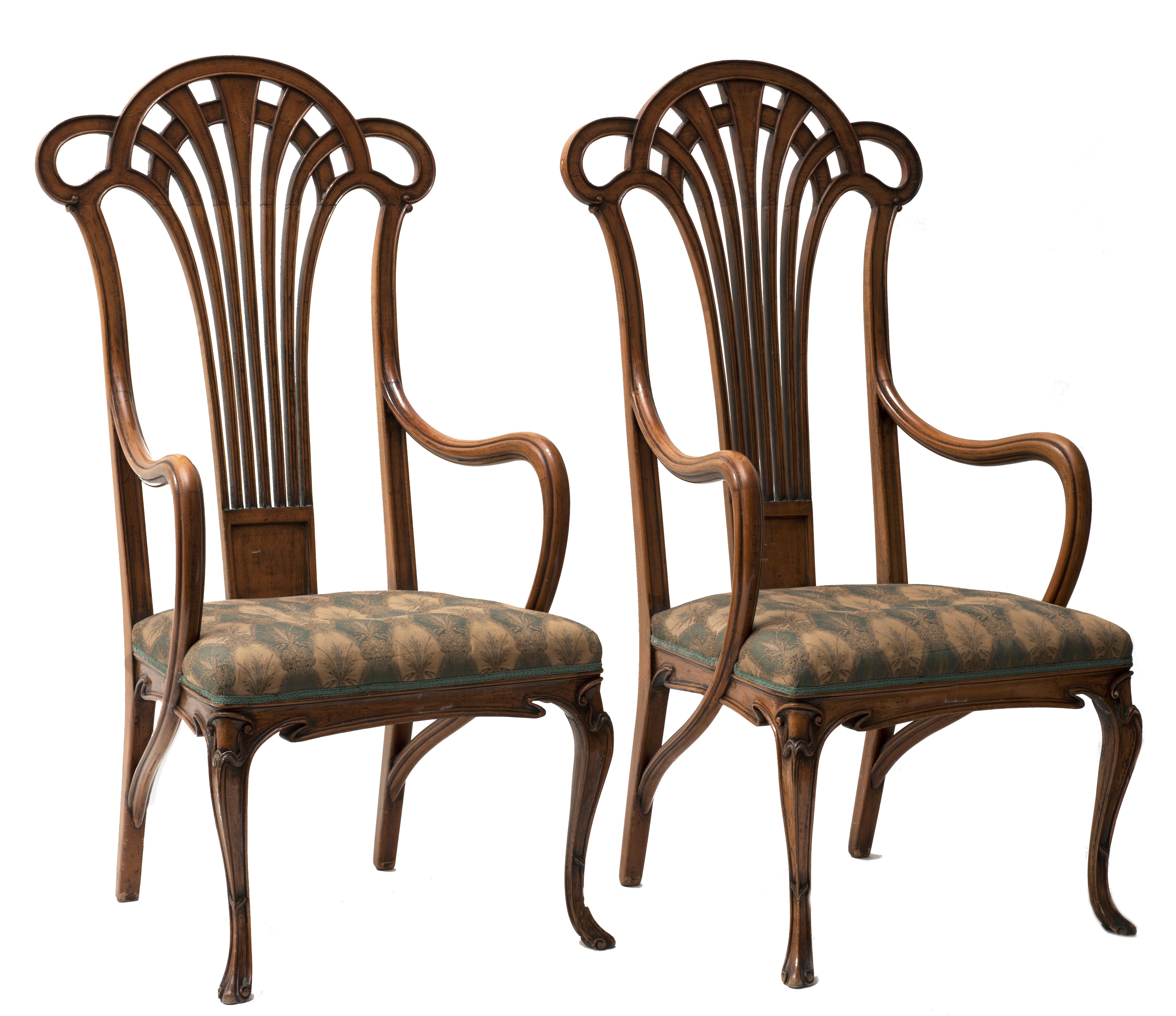 Beautiful pair of liberty armchairs in hickory, curved arms and front legs, seat dressed in cloth and seatback fan shaped.
France, Art Nouveau period.
Very good overall conditions, only minor flaws.

This object is shipped from Italy. Under