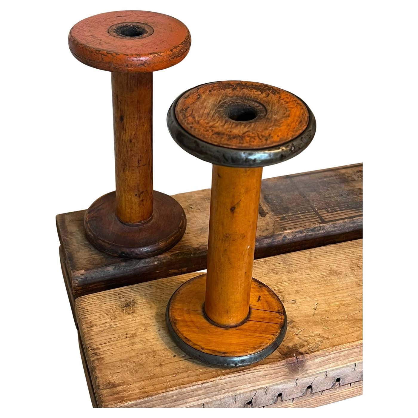 pair of vintage wooden spools For Sale at 1stDibs