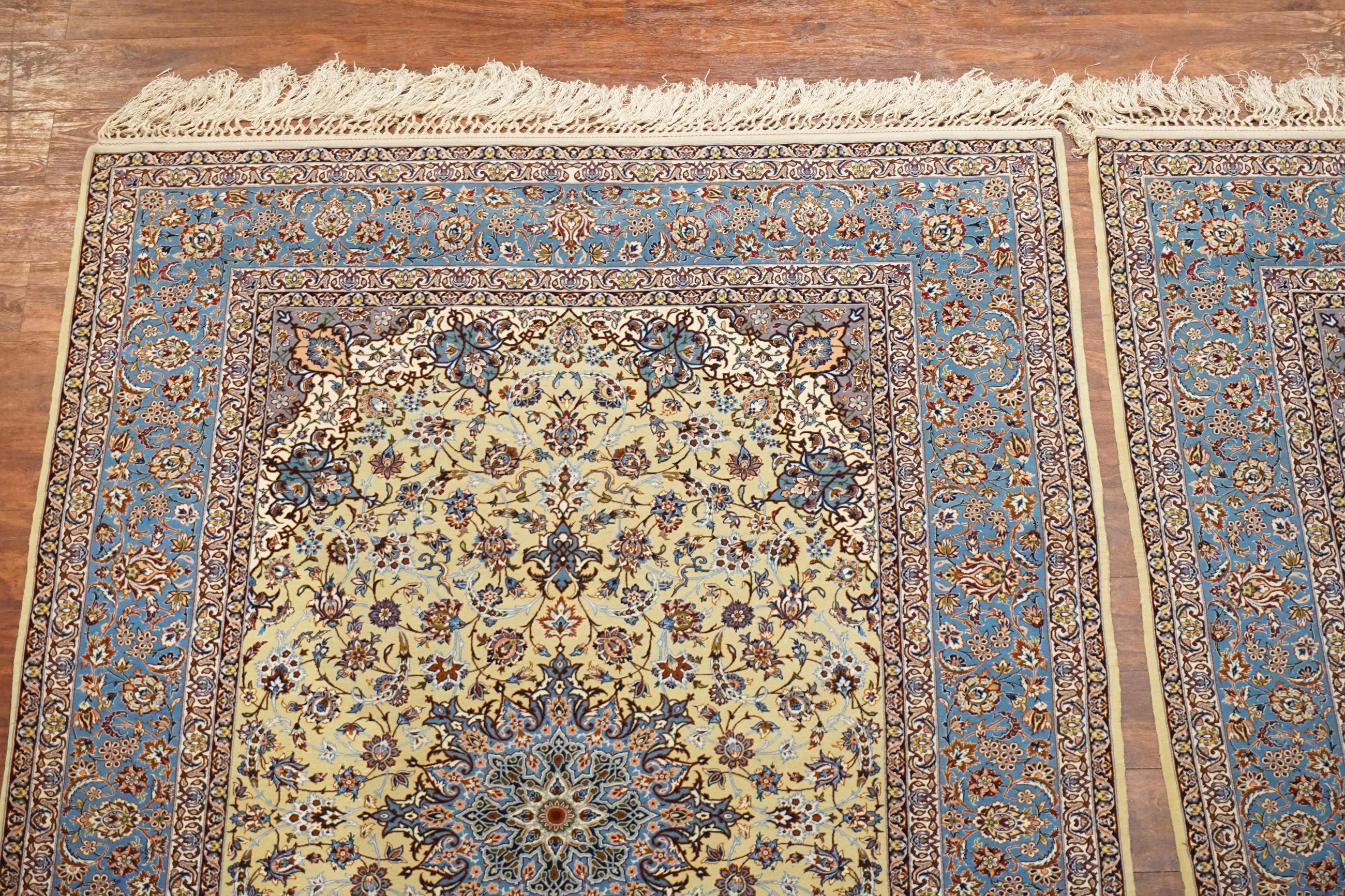 Hand-Knotted Pair of Vintage Wool and Silk Persian Isfahan Rugs For Sale